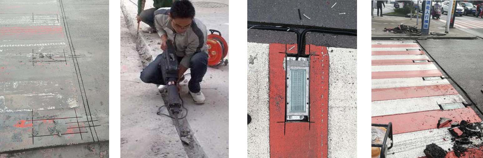 in-pavement brickled traffic signal light installation